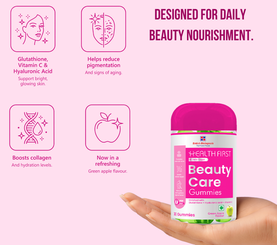 HealthFirst Beauty Care Gummies with Glutathione, Hyaluronic Acid, Vitamin A, Pomegranate Peel & Vitamin E , Radiance & Skin Hydration – 30 Gummies - shopbritishbiologicals