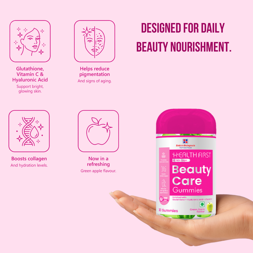 HealthFirst Beauty Care Gummies with Glutathione, Hyaluronic Acid, Vitamin A, Pomegranate Peel & Vitamin E , Radiance & Skin Hydration – 30 Gummies - shopbritishbiologicals