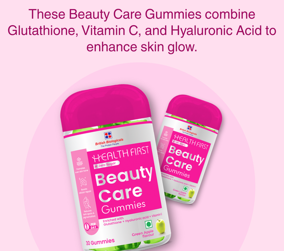 HealthFirst Beauty Care Gummies with Glutathione, Hyaluronic Acid, Vitamin A, Pomegranate Peel & Vitamin E , Radiance & Skin Hydration – 30 Gummies - shopbritishbiologicals