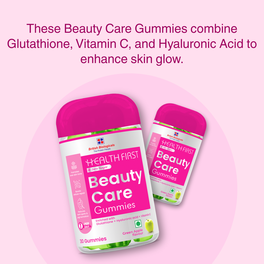 HealthFirst Beauty Care Gummies with Glutathione, Hyaluronic Acid, Vitamin A, Pomegranate Peel & Vitamin E , Radiance & Skin Hydration – 30 Gummies - shopbritishbiologicals