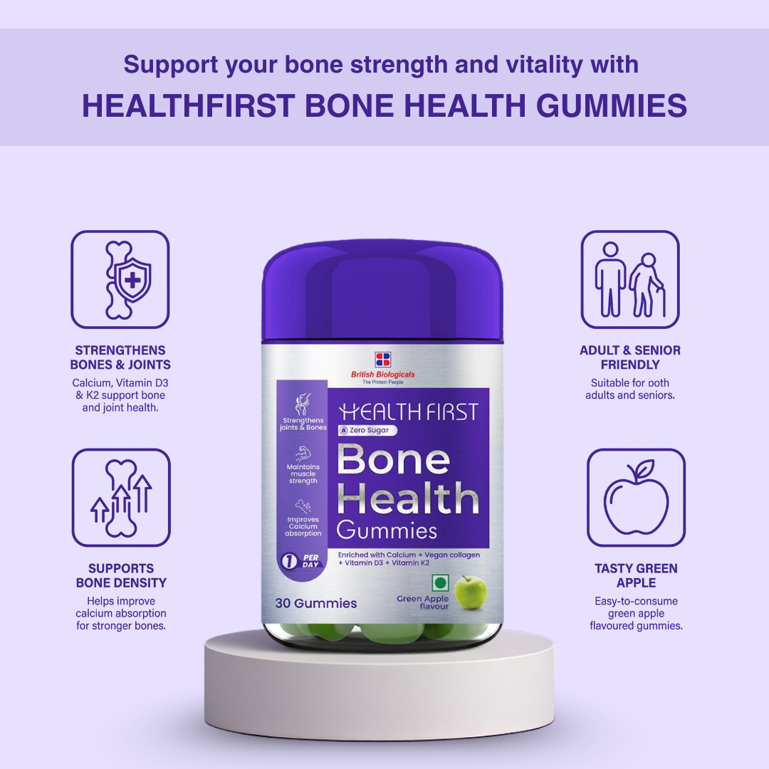 HealthFirst Bone Health Gummies with Calcium, Vitamin D3 & K2 | Supports Bone Strength, Density & Immunity | 100% Vegan, ZERO Sugar, Gluten-Free | Triple Action Formula for Men & Women Green Apple Flavor – 30 Gummies - shopbritishbiologicals