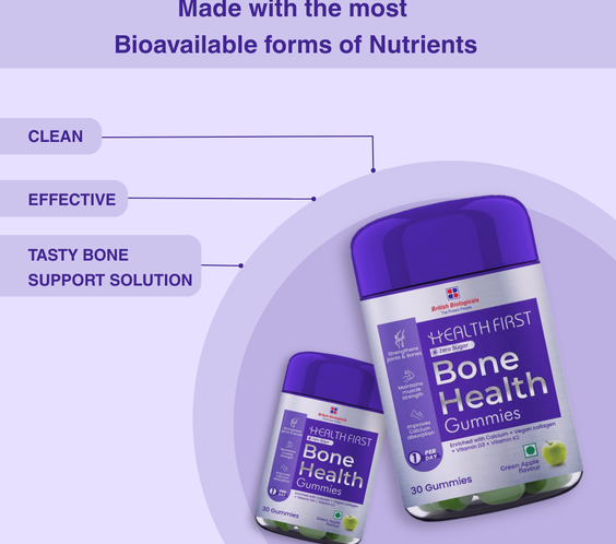 HealthFirst Bone Health Gummies with Calcium, Vitamin D3 & K2 | Supports Bone Strength, Density & Immunity | 100% Vegan, ZERO Sugar, Gluten-Free | Triple Action Formula for Men & Women Green Apple Flavor – 30 Gummies - shopbritishbiologicals