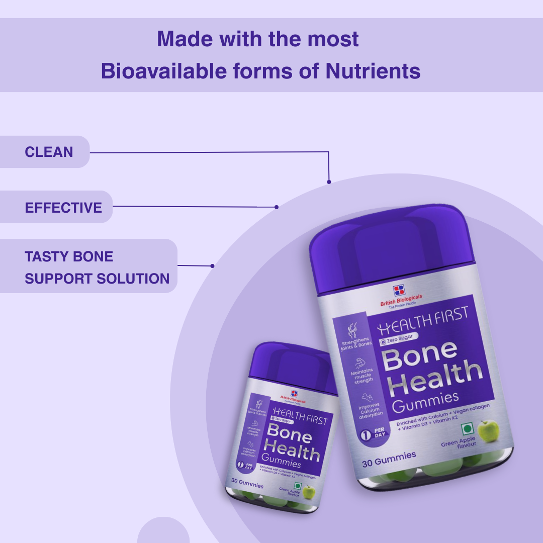 HealthFirst Bone Health Gummies with Calcium, Vitamin D3 & K2 | Supports Bone Strength, Density & Immunity | 100% Vegan, ZERO Sugar, Gluten-Free | Triple Action Formula for Men & Women Green Apple Flavor – 30 Gummies - shopbritishbiologicals