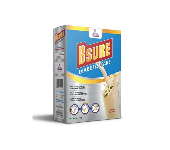 Bsure Diabetes Care - Balanced Nutritional Supplement | 28 Vitamins & Minerals, Gluten and Transfat Free | Supports Blood Sugar Control, Muscle Strength & Immunity | 400g | Vanilla Flavour - shopbritishbiologicals