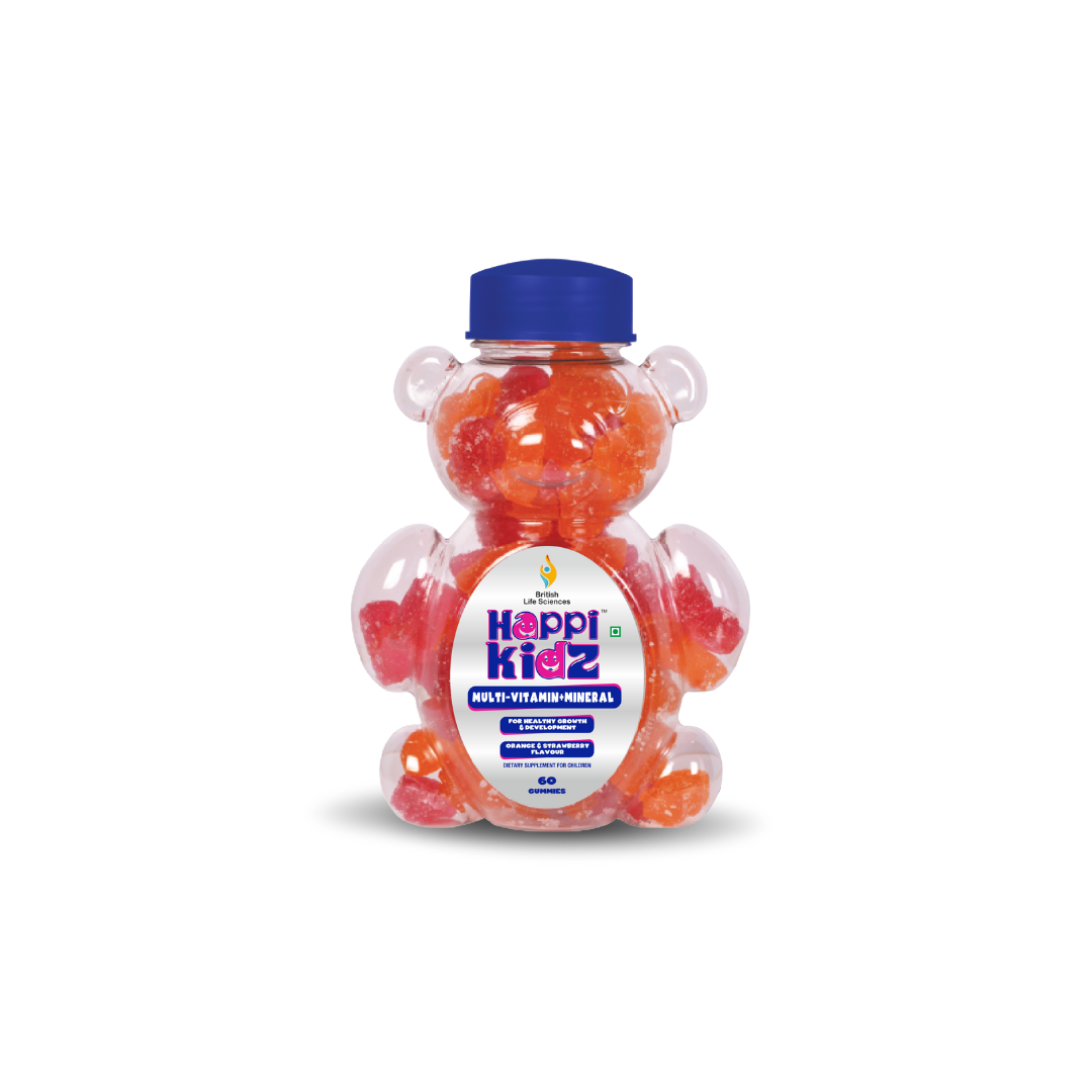 Happi Kidz Multivitamin Gummies for Toddlers & Kids | Daily Nutrition with 16 Essential Vitamins & Minerals |100% Natural | Vegetarian | Supports Immunity & Growth (Ages 2 & up) | Strawberry & Orange Flavour | 60 Count | Lab tested for purity - shopbritishbiologicals