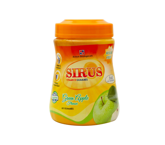 BRITISH BIOLOGICALS | Sirus Vitamin D3 Gummies | Supports Immune System, Bones, Teeth, Brain and Nervous System | Sugar Free | Green Apple Flavor | 60 Gummies | Gluten Free | 300 g - shopbritishbiologicals