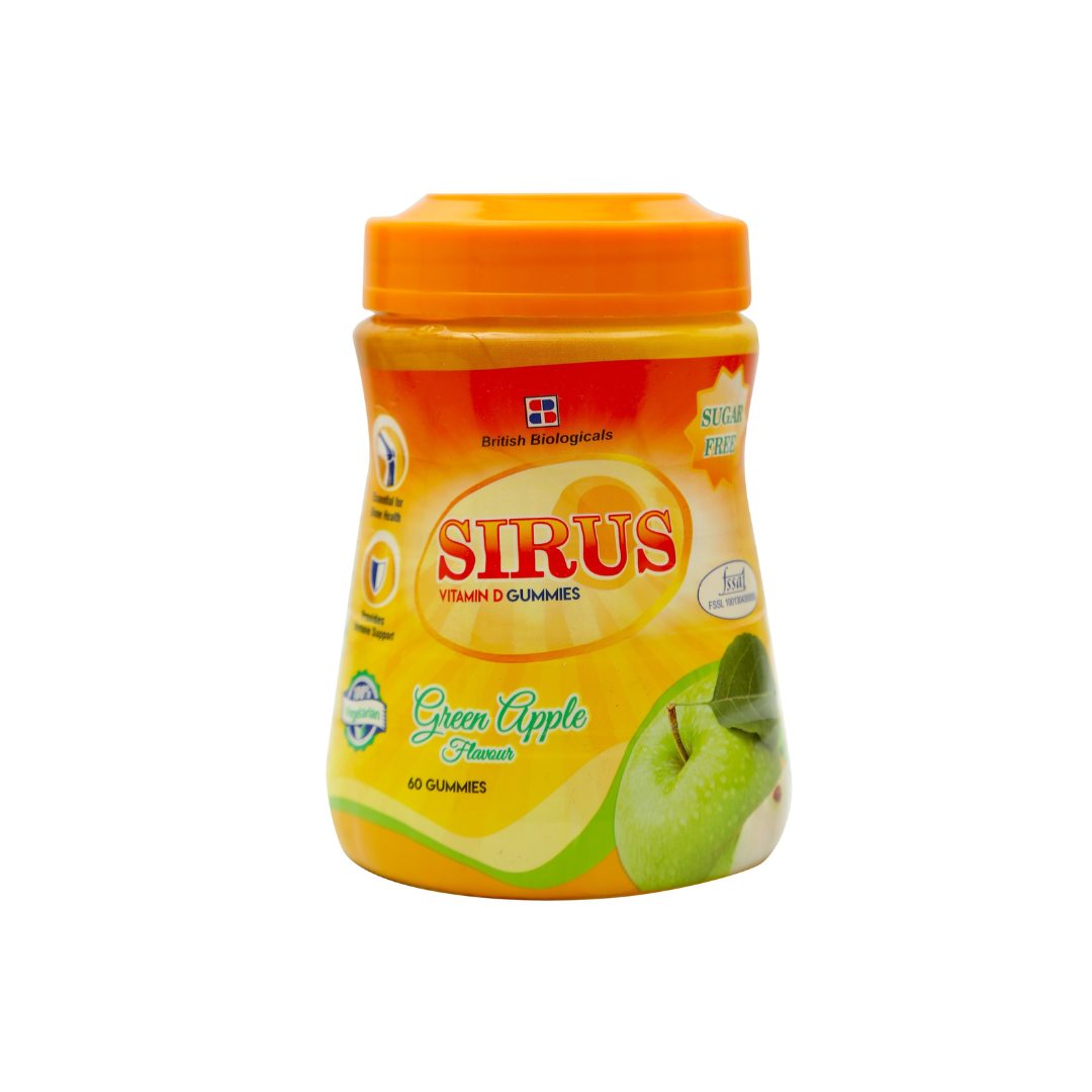BRITISH BIOLOGICALS | Sirus Vitamin D3 Gummies | Supports Immune System, Bones, Teeth, Brain and Nervous System | Sugar Free | Green Apple Flavor | 60 Gummies | Gluten Free | 300 g - shopbritishbiologicals