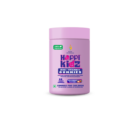 Happi Kidz Iron + Vitamin C Gummies For Kids-(60 Gummy Bears) -Supports Immune system function, Helps build red blood cells & overall growth and development | Strawberry Flavour | | Lab tested for purity - shopbritishbiologicals
