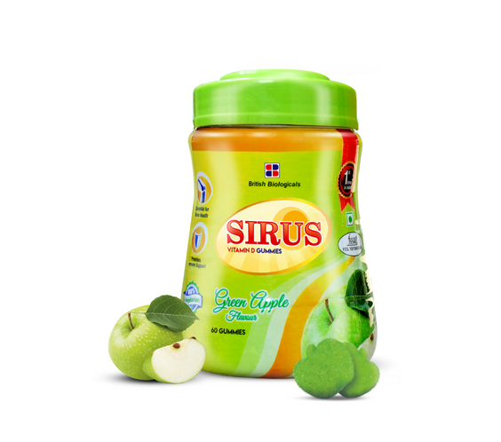 British Biologicals Sirus Vitamin D Gummies | Vitamin D Gummies for Men & Women | Gluten-Free | Supports Bone, Teeth & Muscle Health | Non-GMO | Maintains Calcium Levels | Green Apple Flavour | 60 Count - shopbritishbiologicals