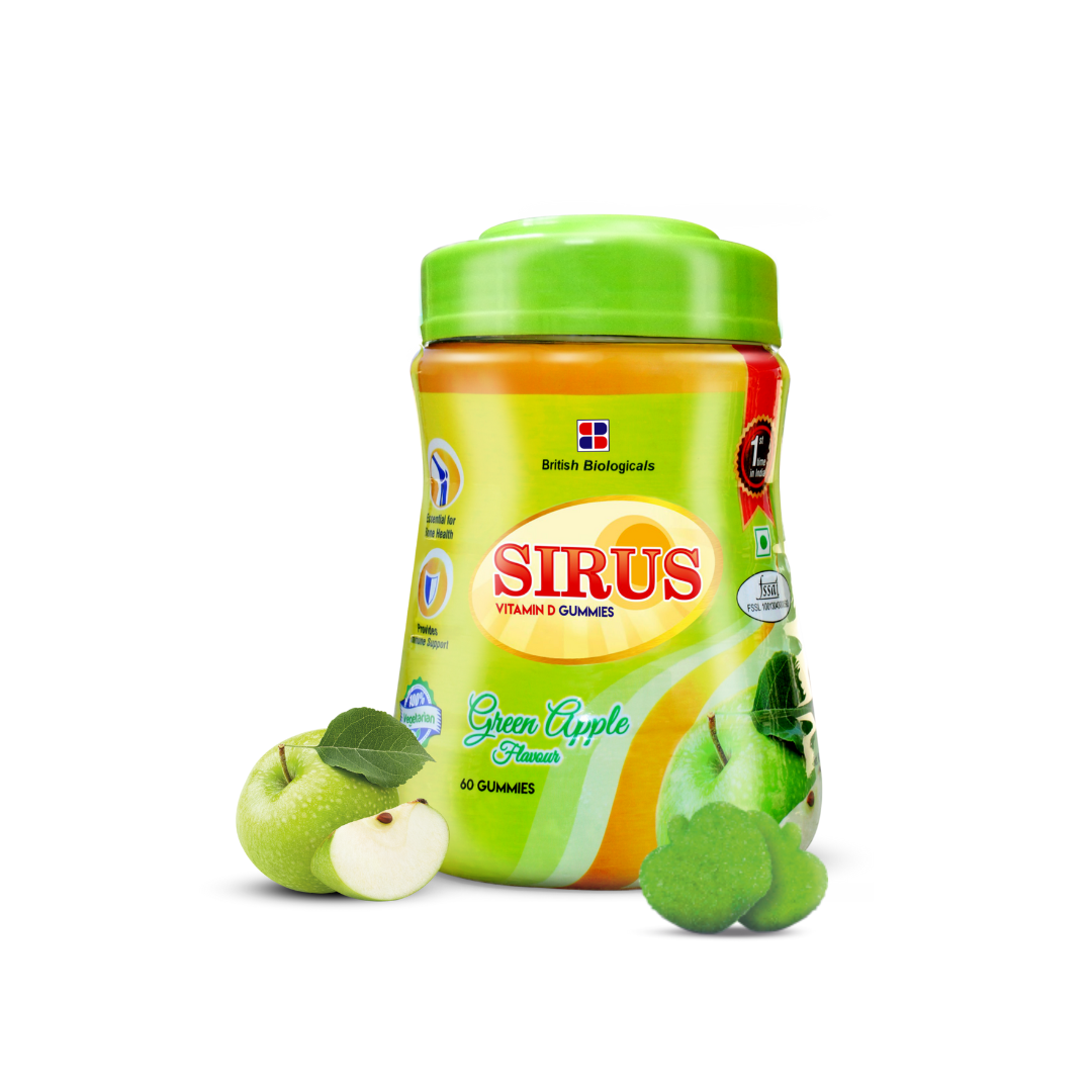 British Biologicals Sirus Vitamin D Gummies | Vitamin D Gummies for Men & Women | Gluten-Free | Supports Bone, Teeth & Muscle Health | Non-GMO | Maintains Calcium Levels | Green Apple Flavour | 60 Count - shopbritishbiologicals