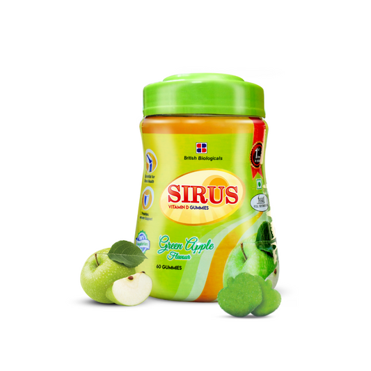 British Biologicals Sirus Vitamin D Gummies | Vitamin D Gummies for Men & Women | Gluten-Free | Supports Bone, Teeth & Muscle Health | Non-GMO | Maintains Calcium Levels | Green Apple Flavour | 60 Count - shopbritishbiologicals