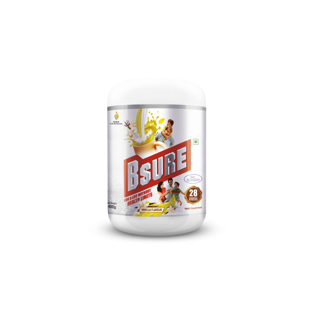Bsure - For a Life Without Health Limits | Complete Balanced Nutritional Supplement for All Ages | Immunity Booster with 3 Vital Antioxidants & 28 Nutrients | Gluten-Free | Vanilla Flavour | 400g - shopbritishbiologicals