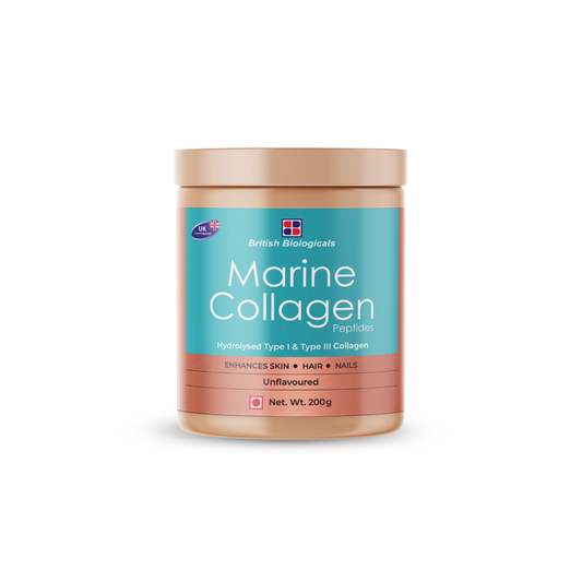 British Biologicals Marine Collagen Supplements for Women & Men | Supports Glowing Skin | Hydrolyzed Collagen Peptides Type I & III | Supports healthy Nails, Hair & Skin | Supports Damaged Skin | 200g | Unflavoured - shopbritishbiologicals