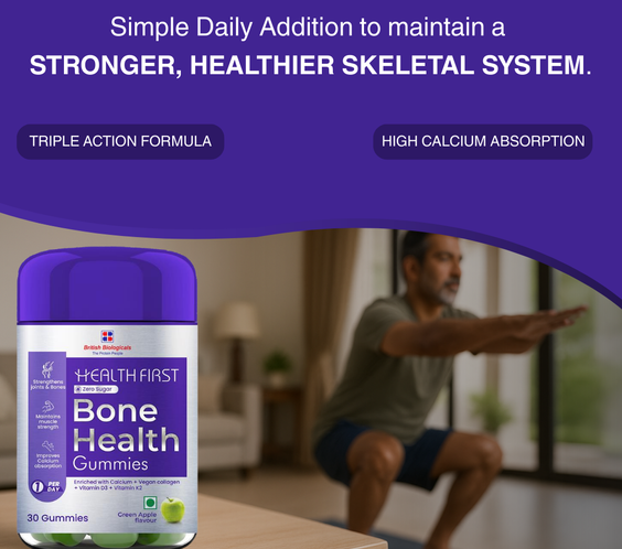 HealthFirst Bone Health Gummies with Calcium, Vitamin D3 & K2 | Supports Bone Strength, Density & Immunity | 100% Vegan, ZERO Sugar, Gluten-Free | Triple Action Formula for Men & Women Green Apple Flavor – 30 Gummies - shopbritishbiologicals