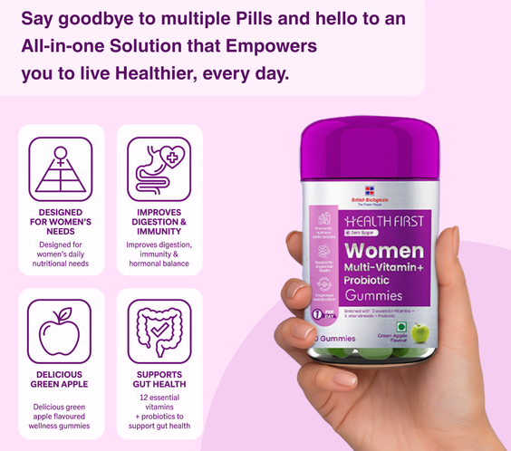 Health First Women’s Multivitamin + Probiotic | 22 Essential Nutrients | Supports Immunity, Bone & Joint Health | With GLA, Iron & Antioxidants | 100% RDA | Customized for Indian Women - shopbritishbiologicals