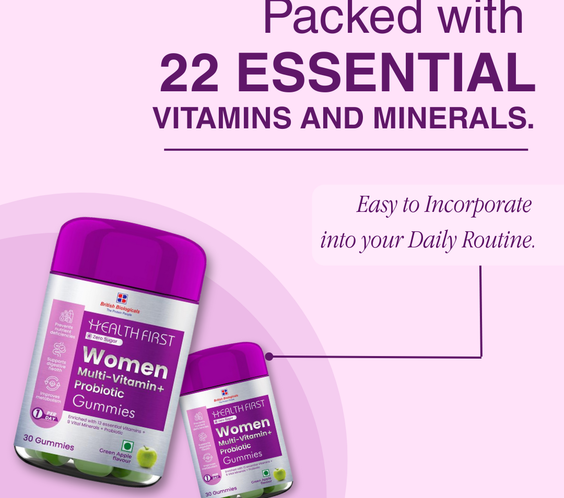 Health First Women’s Multivitamin + Probiotic | 22 Essential Nutrients | Supports Immunity, Bone & Joint Health | With GLA, Iron & Antioxidants | 100% RDA | Customized for Indian Women - shopbritishbiologicals