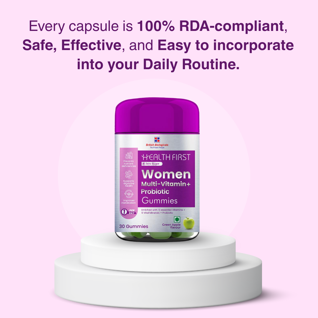 Health First Women’s Multivitamin + Probiotic | 22 Essential Nutrients | Supports Immunity, Bone & Joint Health | With GLA, Iron & Antioxidants | 100% RDA | Customized for Indian Women - shopbritishbiologicals
