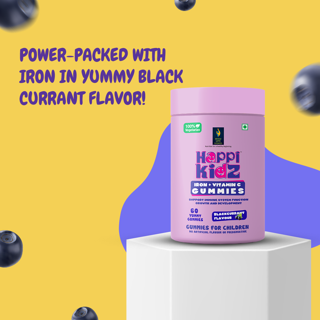 Happi Kidz Iron + Vitamin C Gummies For Kids-(60 Gummy Bears) -Supports Immune system function, Helps build red blood cells & overall growth and development | Strawberry Flavour | | Lab tested for purity - shopbritishbiologicals