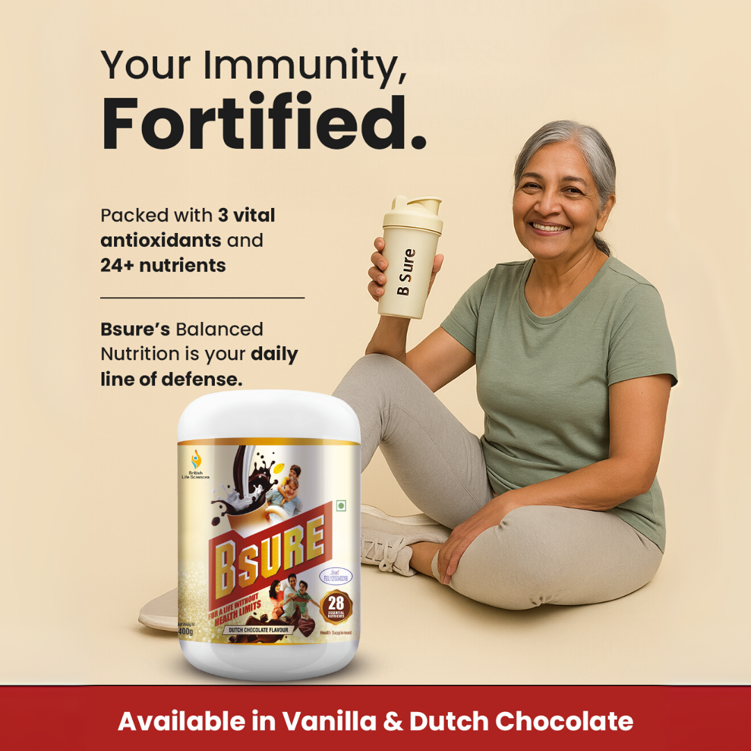 Bsure - For a Life Without Health Limits | Complete Balanced Nutritional Supplement for All Ages | Immunity Booster with 3 Vital Antioxidants & 28 Nutrients | Gluten-Free | Dutch Chocolate Flavour | 400g - shopbritishbiologicals