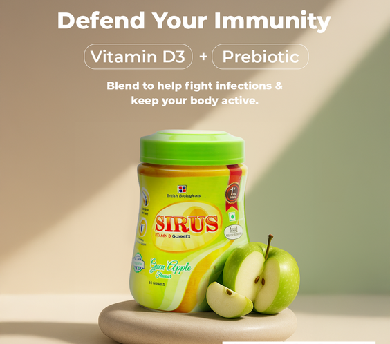 British Biologicals Sirus Vitamin D Gummies | Vitamin D Gummies for Men & Women | Gluten-Free | Supports Bone, Teeth & Muscle Health | Non-GMO | Maintains Calcium Levels | Green Apple Flavour | 60 Count - shopbritishbiologicals