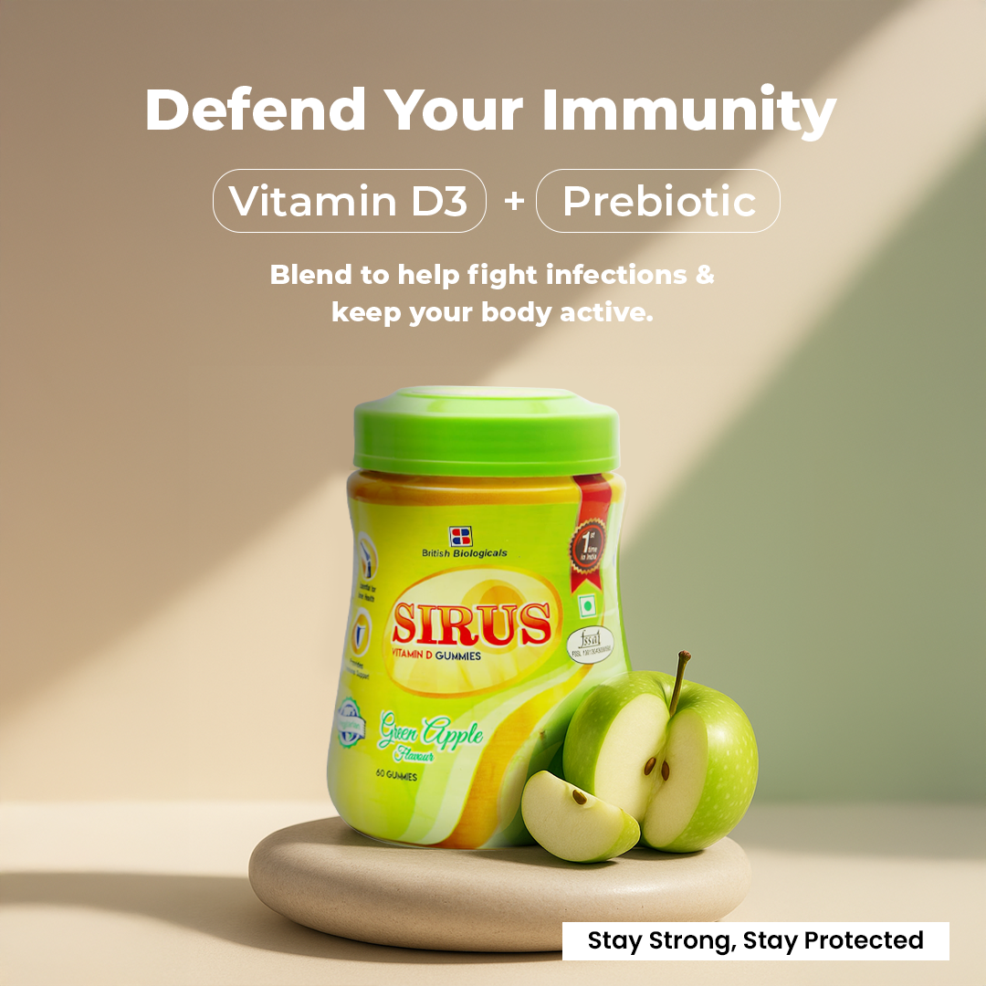 British Biologicals Sirus Vitamin D Gummies | Vitamin D Gummies for Men & Women | Gluten-Free | Supports Bone, Teeth & Muscle Health | Non-GMO | Maintains Calcium Levels | Green Apple Flavour | 60 Count - shopbritishbiologicals