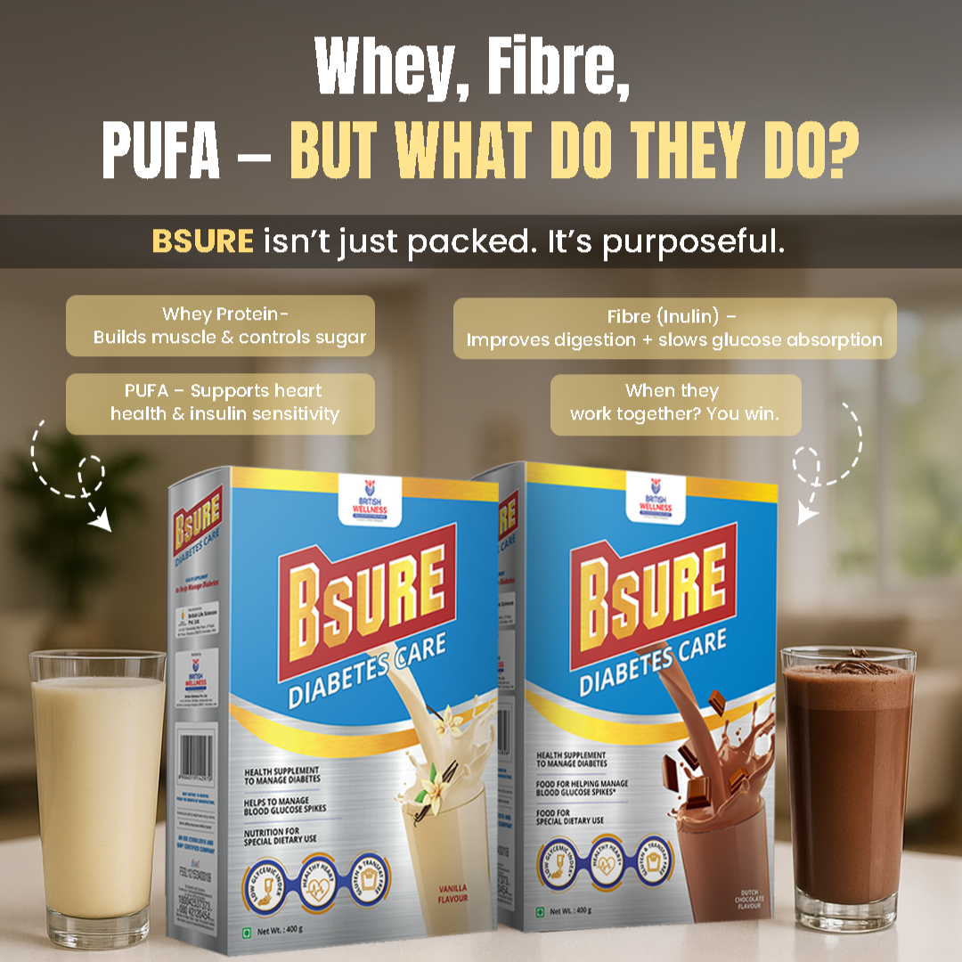 Bsure Diabetes Care - Balanced Nutritional Supplement | 28 Vitamins & Minerals, Gluten and Transfat Free | Supports Blood Sugar Control, Muscle Strength & Immunity | 400g | Vanilla Flavour - shopbritishbiologicals