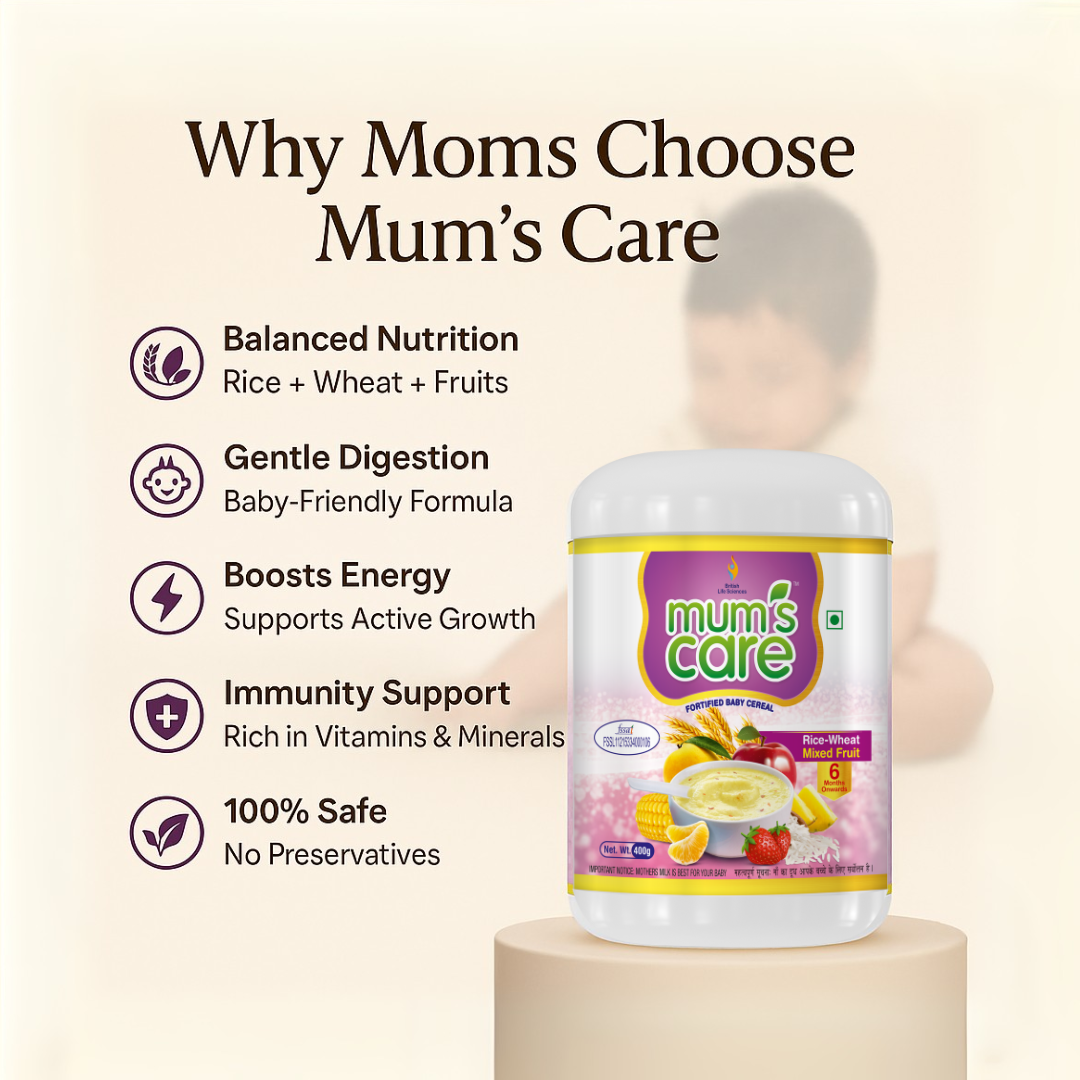 Mum's Care Organic baby cereal | From 6 months | Organic cereal | 23 Essential vitamins & Minerals | 300gm | Mixed Fruit - shopbritishbiologicals