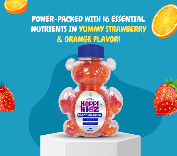 Happi Kidz Multivitamin Gummies for Toddlers & Kids | Daily Nutrition with 16 Essential Vitamins & Minerals |100% Natural | Vegetarian | Supports Immunity & Growth (Ages 2 & up) | Strawberry & Orange Flavour | 60 Count | Lab tested for purity - shopbritishbiologicals