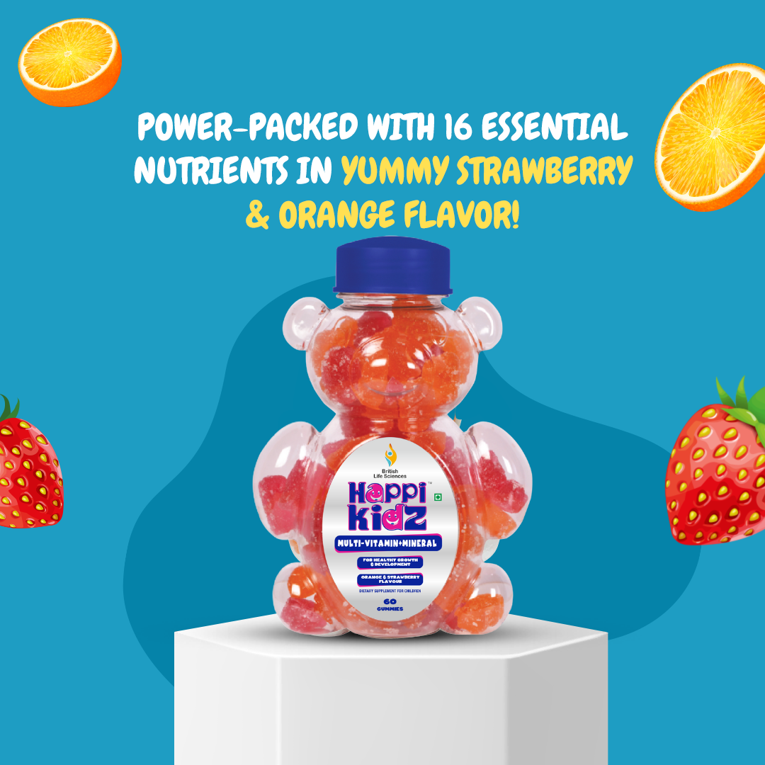 Happi Kidz Multivitamin Gummies for Toddlers & Kids | Daily Nutrition with 16 Essential Vitamins & Minerals |100% Natural | Vegetarian | Supports Immunity & Growth (Ages 2 & up) | Strawberry & Orange Flavour | 60 Count | Lab tested for purity - shopbritishbiologicals