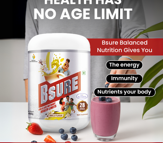 Bsure - For a Life Without Health Limits | Complete Balanced Nutritional Supplement for All Ages | Immunity Booster with 3 Vital Antioxidants & 28 Nutrients | Gluten-Free | Vanilla Flavour | 400g - shopbritishbiologicals
