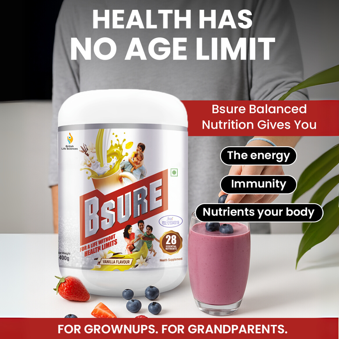Bsure - For a Life Without Health Limits | Complete Balanced Nutritional Supplement for All Ages | Immunity Booster with 3 Vital Antioxidants & 28 Nutrients | Gluten-Free | Vanilla Flavour | 400g - shopbritishbiologicals