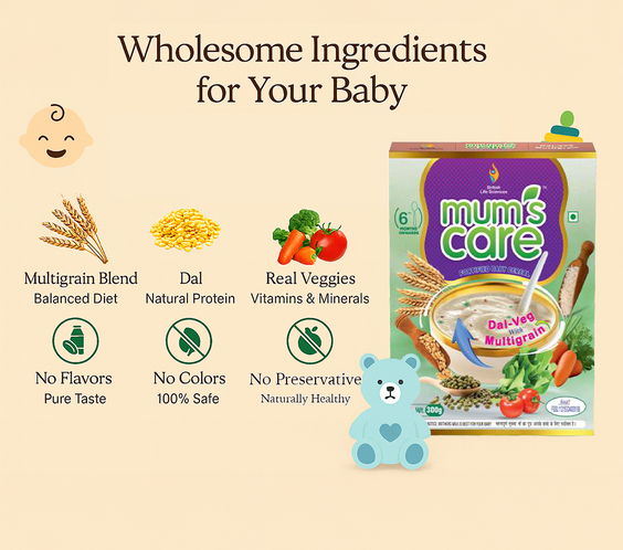 Mum's Care Dal Veg Multigrain Baby Cereal – Nutritious & Delicious Instant Food for Growing Babies Rich in Iron, Calcium & Protein | NO Added Colours & Flavours | 300g | 6 month Onwards - shopbritishbiologicals