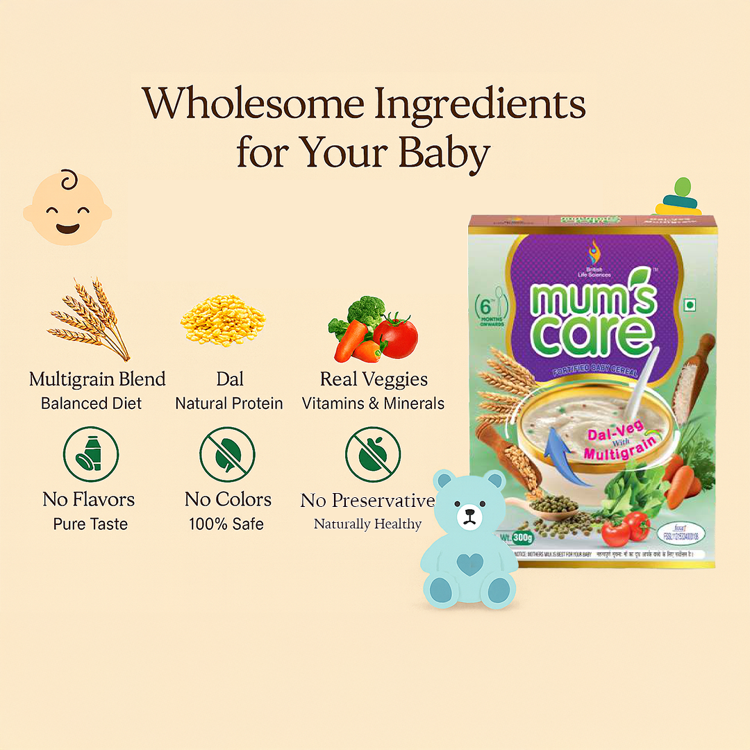 Mum's Care Dal Veg Multigrain Baby Cereal – Nutritious & Delicious Instant Food for Growing Babies Rich in Iron, Calcium & Protein | NO Added Colours & Flavours | 300g | 6 month Onwards - shopbritishbiologicals