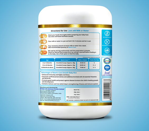 ShopBritishBiologicals Mum’s Care smooth baby rice cereal for 6+ months, easy-mix, iron and vitamin enriched, no added sugar, 400g.