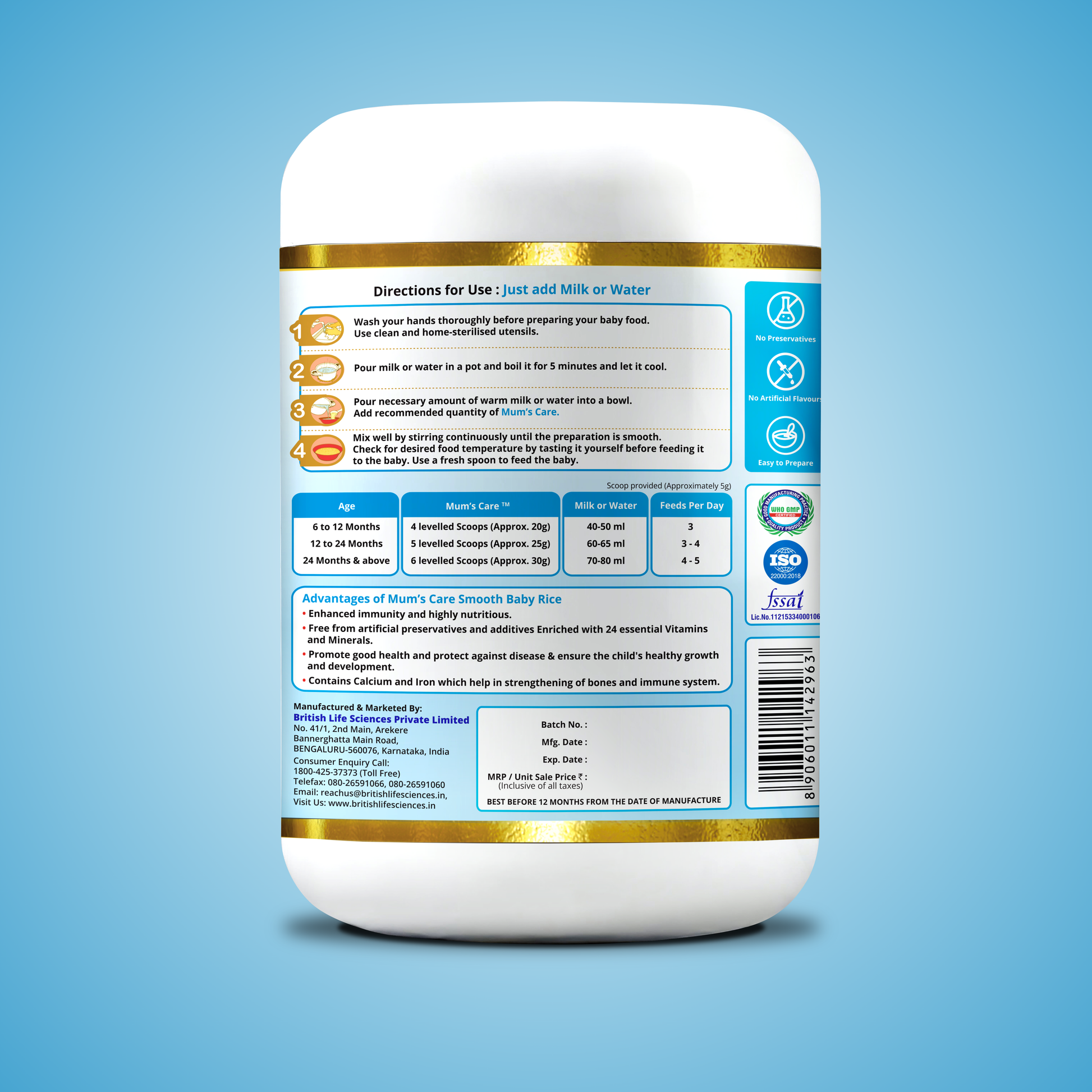 ShopBritishBiologicals Mum’s Care smooth baby rice cereal for 6+ months, easy-mix, iron and vitamin enriched, no added sugar, 400g.