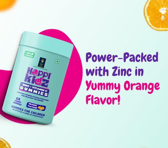 Happi Kidz Zinc + Vitamin C | 100% Natural | Vegetarian | Supports Brain Function | Promotes Proper Growth | Ages 4 & above | Orange Flavour | 60 Count | Lab tested for purity - shopbritishbiologicals