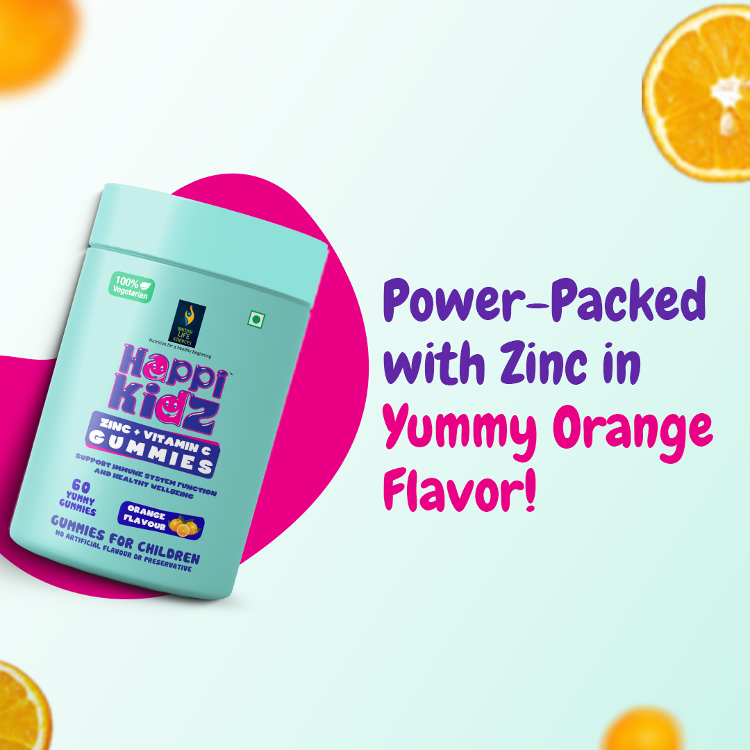 Happi Kidz Zinc + Vitamin C | 100% Natural | Vegetarian | Supports Brain Function | Promotes Proper Growth | Ages 4 & above | Orange Flavour | 60 Count | Lab tested for purity - shopbritishbiologicals