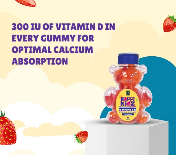 Happi kidz Calcium + Vitamin D Gummies for Kids | Daily Support for Growth, Teeth and Strong Bone Development, Immunity Booster | Trusted Daily Supplement for Kids | 60 Gummy | Strawberry - shopbritishbiologicals
