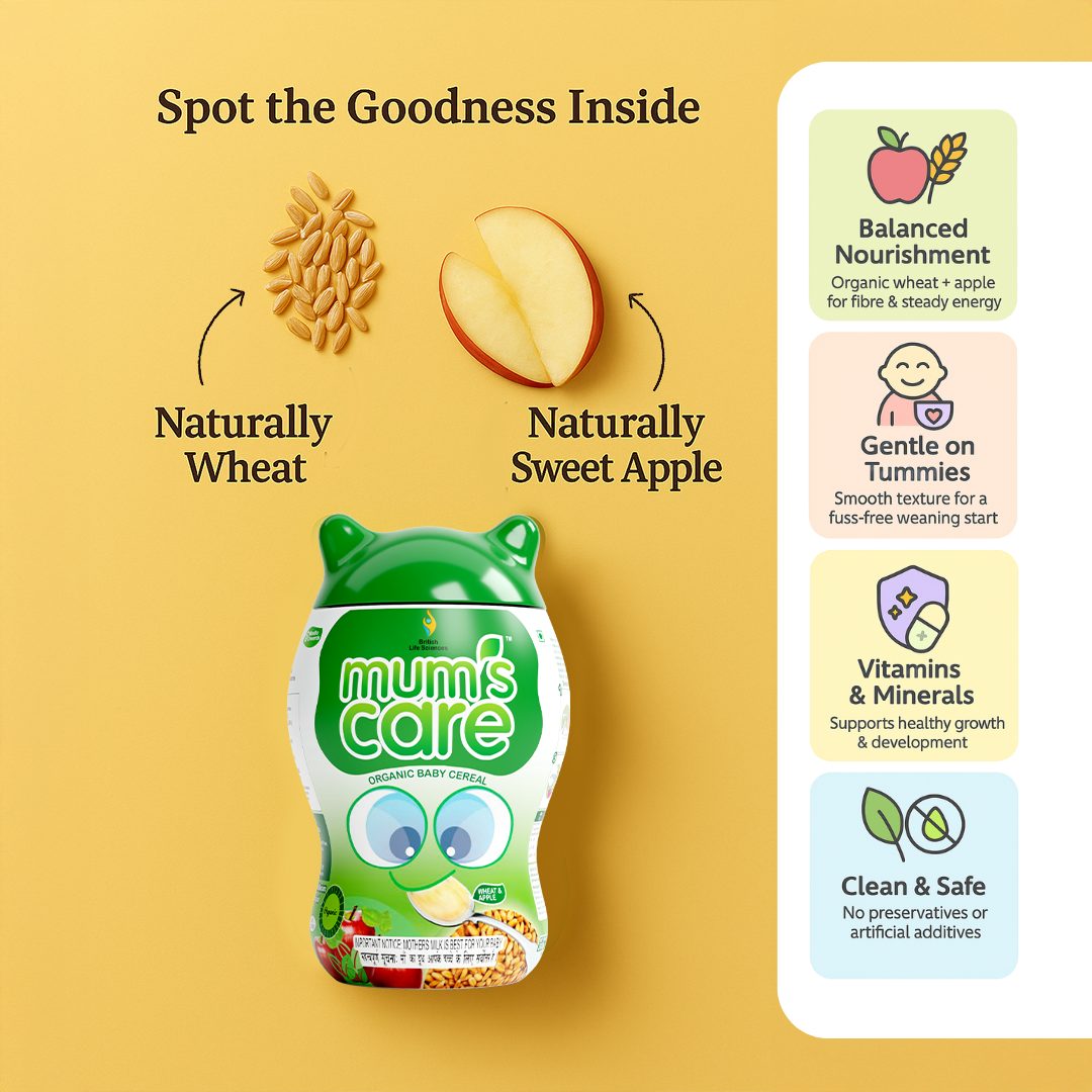British Life Sciences Mum’s Care Baby Cereal | Wheat & Apple Cereal | Certified Organic ingredients | From 6 Month Onwards | Infant Cereal | Rich in Fibre | Easy to Digest | 400 gm - shopbritishbiologicals