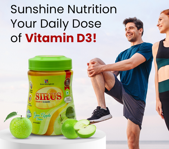 British Biologicals Sirus Vitamin D Gummies | Vitamin D Gummies for Men & Women | Gluten-Free | Supports Bone, Teeth & Muscle Health | Non-GMO | Maintains Calcium Levels | Green Apple Flavour | 60 Count - shopbritishbiologicals