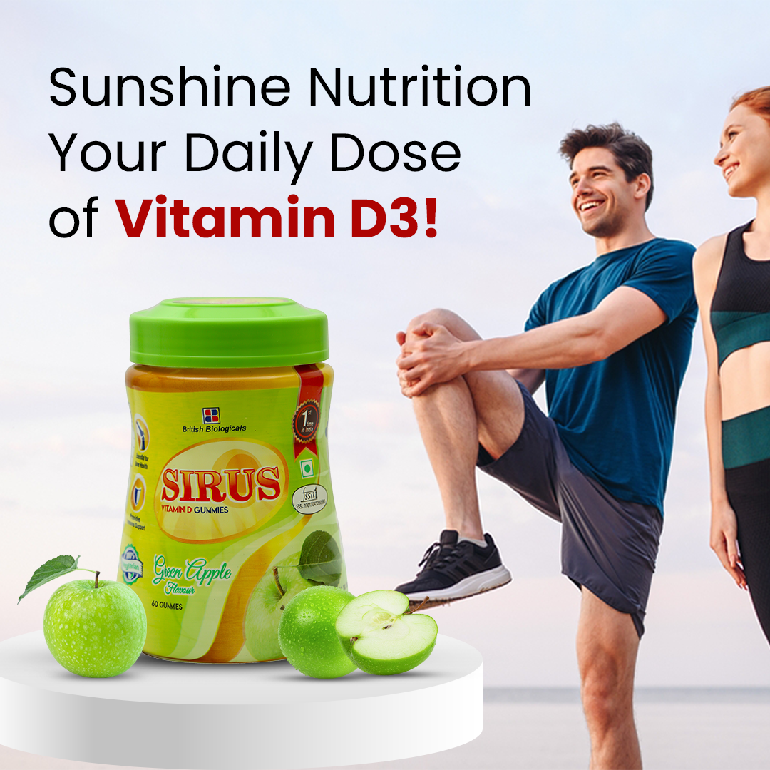 British Biologicals Sirus Vitamin D Gummies | Vitamin D Gummies for Men & Women | Gluten-Free | Supports Bone, Teeth & Muscle Health | Non-GMO | Maintains Calcium Levels | Green Apple Flavour | 60 Count - shopbritishbiologicals