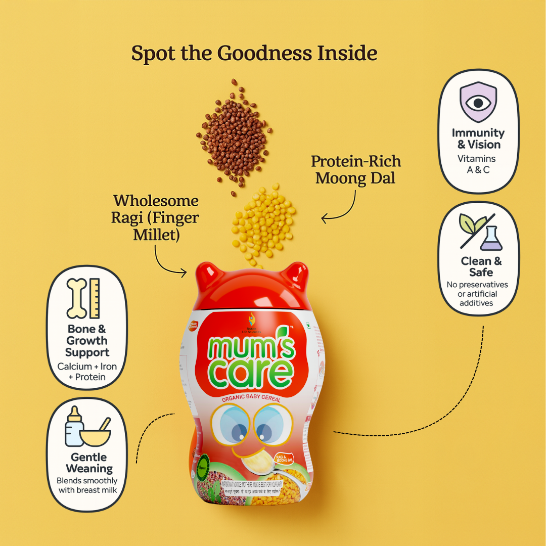 British Life Sciences Mum’s Care Baby Cereal | Ragi & Moongdal Cereal | Certified Organic Ingredients | From 6 Month Onwards | Infant Cereal | Protein, Calcium & Iron for Babies | Easy to Digest | Rich in Fibre | 400 gm - shopbritishbiologicals