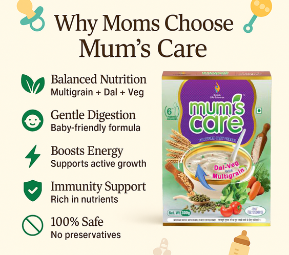 Mum's Care Dal Veg Multigrain Baby Cereal – Nutritious & Delicious Instant Food for Growing Babies Rich in Iron, Calcium & Protein | NO Added Colours & Flavours | 300g | 6 month Onwards - shopbritishbiologicals