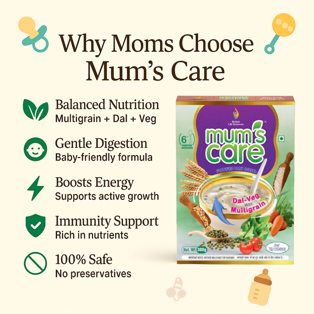 Mum's Care Dal Veg Multigrain Baby Cereal – Nutritious & Delicious Instant Food for Growing Babies Rich in Iron, Calcium & Protein | NO Added Colours & Flavours | 300g | 6 month Onwards - shopbritishbiologicals