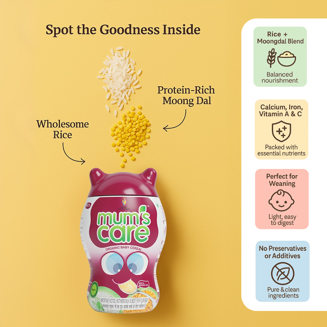 British Life Sciences Mum’s Care Baby Cereal | Rice & Moongdal Cereal | Certified Organic Ingredients | From 6 Month Onwards | Infant Cereal | Protein, Calcium & Iron for Babies | Easy to Digest | Rich in Fibre | 400 gm - shopbritishbiologicals