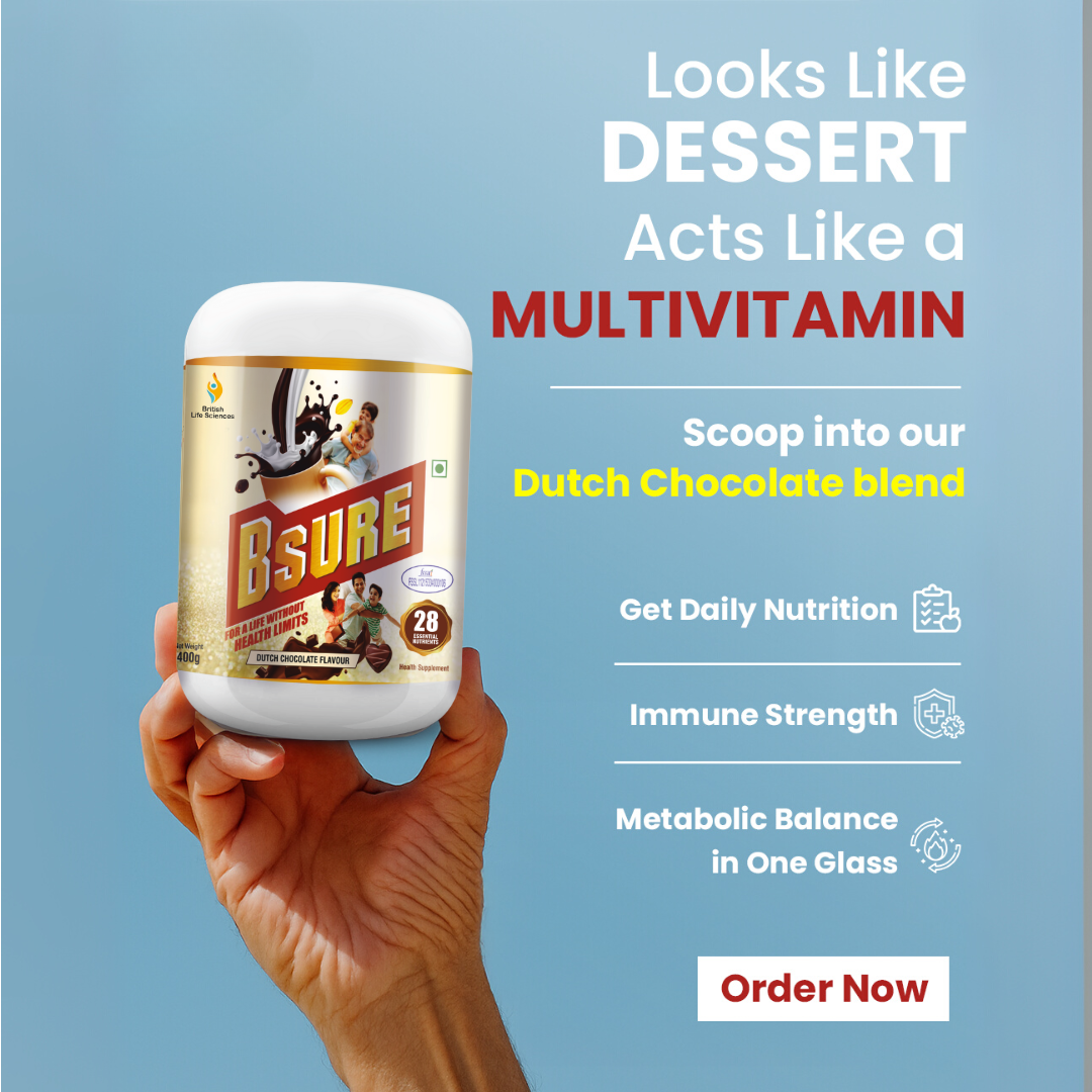 Bsure - For a Life Without Health Limits | Complete Balanced Nutritional Supplement for All Ages | Immunity Booster with 3 Vital Antioxidants & 28 Nutrients | Gluten-Free | Dutch Chocolate Flavour | 400g - shopbritishbiologicals