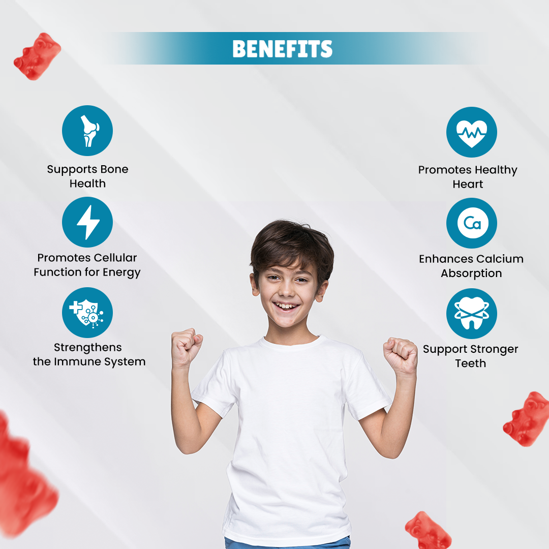 Happi kidz Calcium + Vitamin D Gummies for Kids | Daily Support for Growth, Teeth and Strong Bone Development, Immunity Booster | Trusted Daily Supplement for Kids | 60 Gummy | Strawberry - shopbritishbiologicals