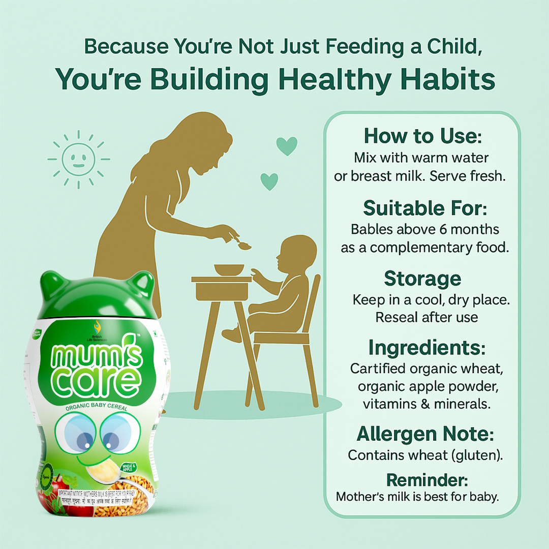 British Life Sciences Mum’s Care Baby Cereal | Wheat & Apple Cereal | Certified Organic ingredients | From 6 Month Onwards | Infant Cereal | Rich in Fibre | Easy to Digest | 400 gm - shopbritishbiologicals