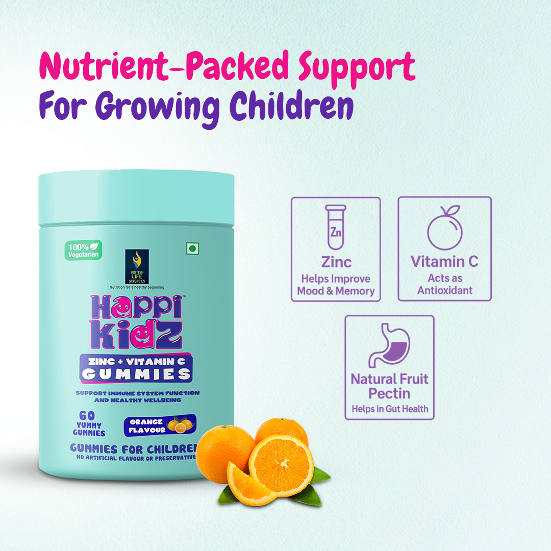 Happi Kidz Zinc + Vitamin C | 100% Natural | Vegetarian | Supports Brain Function | Promotes Proper Growth | Ages 4 & above | Orange Flavour | 60 Count | Lab tested for purity - shopbritishbiologicals