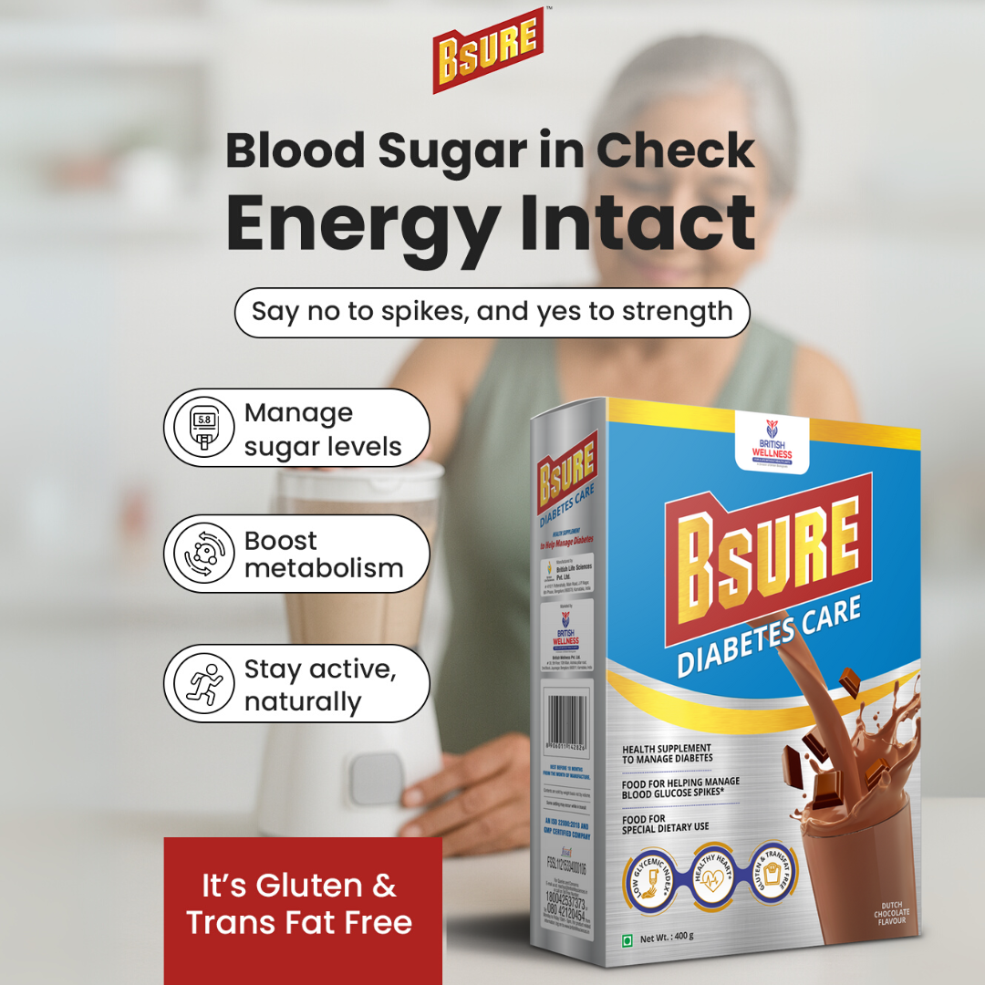Bsure Diabetes Care - Balanced Nutritional Supplement | 28 Vitamins & Minerals, Gluten and Transfat Free | Supports Blood Sugar Control, Muscle Strength & Immunity | 400g | Chocolate Flavour - shopbritishbiologicals